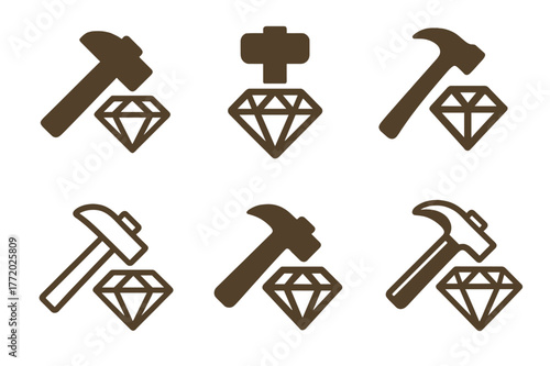 Artisan Jewelry Logos. Local artisan jewelry. Set Logo of Local artisan jewelry: hammer and gem symbol. harmonious logo variations of the same emblematic