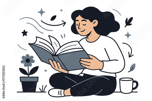 Outdoor Reading Vibes. Reading outside. Book open mid-swing, gentle gust flips pages; flower pot and cup resting beside. Time suspended between words and wind.