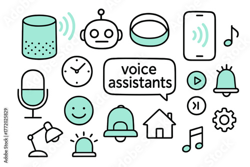 Voice Assistant Illustrations. Voice assistants. Hand-drawn doodle illustration voice assistants [smart speaker (accented), sound waves (accented), robot head,