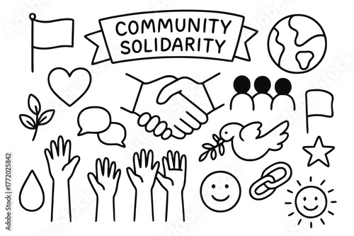 Community Solidarity Icons. Community solidarity. Hand-drawn doodle illustration Community solidarity handshake, heart, group icon, globe, banner, raised