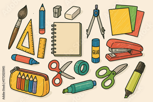 Art Supplies Galore. Paintbrush. Hand-drawn doodle illustration Paintbrush, colored pencil, eraser, sharpener, colored paper, sketchbook, colored marker,
