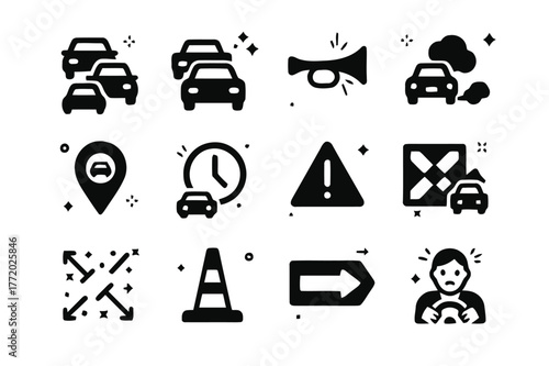 Traffic Jam Icons. Traffic congestion. Solid icons set of traffic congestion: traffic jam cars, bumper-to-bumper lane, honking horn, exhaust cloud, congestion