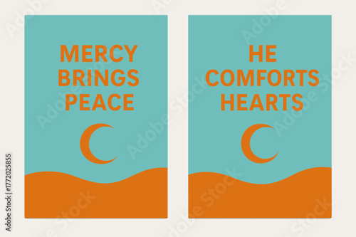 Mercy & Comfort Banners. Mercy & Calm. Two vertical A6 banners with safe margins, centered composition, no elements touching edges, minimal, turquoise and
