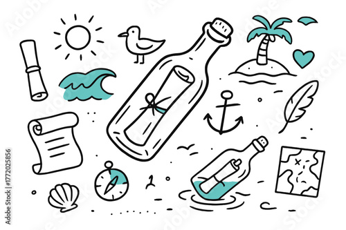 Whimsical Ocean Discovery. // Message in a bottle. Hand-drawn doodle illustration message in a bottle [bottle with note (accented), ocean wave (accented),