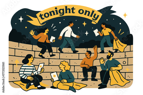 Stars Over Amphitheater. Amphitheater ? Audience on Stone Tiers. People settle with blankets and programs; stars rise above the rim of the bowl. Ribbon text