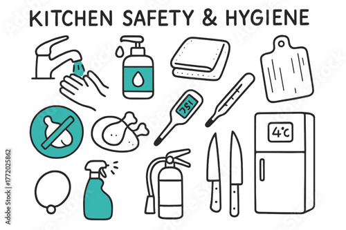 Kitchen Safety Essentials. // Kitchen safety & hygiene. Hand-drawn doodle illustration Kitchen safety & hygiene [handwashing tap (accented), soap dispenser