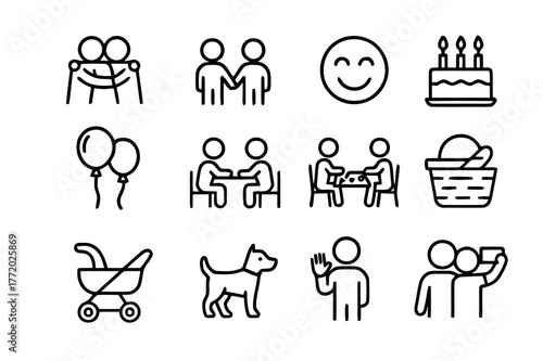 Family and Friends Icons. Family and Friends. Line icon set of Family and Friends: group hug, holding hands, laughter face, birthday cake, balloons, shared