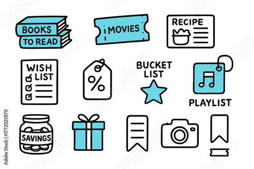 Doodle Collection Icons. // Collections pages. Hand-drawn doodle illustration Collections pages [books to read list (accented), movies ticket (accented),