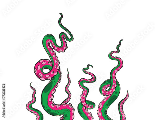 Tentacles of octopus, vector hand drawn collection of illustrations. Black and white engraving style drawings. Tentacle straight and with rings in different angles.