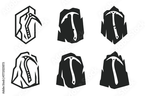 Ice Axe Logos. Ice climbing. Set Logo of Ice climbing: ice axe on frozen wall. harmonious logo variations of the same emblematic concept, each with different