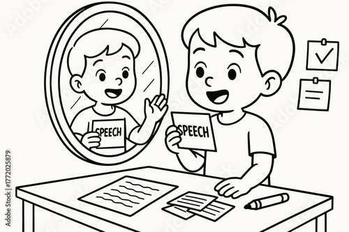 Child Speech Practice. Speech preparation children?s coloring book illustration, outlined drawing, a child practicing a speech in front of a mirror with cue