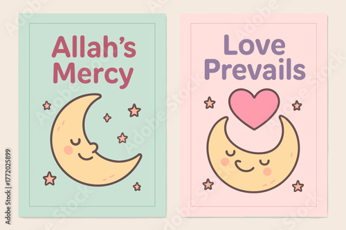 Mercy & Love Banners. Mercy & Love. Two vertical A6 banners with safe margins, centered composition, no elements touching edges, cartoon, pastel mint and pink,