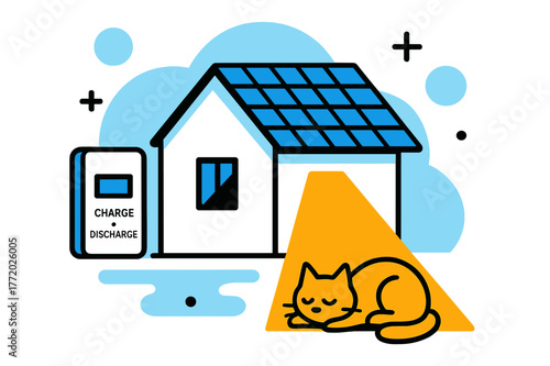Solar-Powered Cozy Home. Home Battery & Solar Roof. A cozy house wears neat PV shingles; a wall battery glows with ?Charge ? Discharge.? A pet naps under a