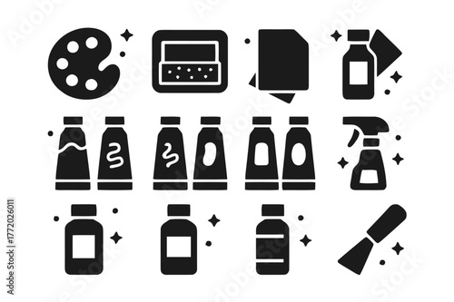 Acrylic Palette Icons. Acrylic painting palette. Solid icons set of Acrylic painting palette: stay-wet palette, sponge insert, palette paper, phthalo blue,