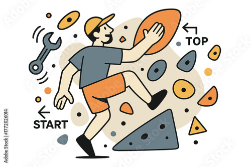 Route Setting Artistry. Route Setter at Work. A wrench spins as a setter places a bright sloper; arrows label ?Start / Zone / Top.? Holds float in a playful