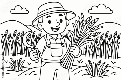 Farmer Coloring Page. Farming children?s coloring book illustration, outlined drawing, a farmer harvesting crops, educational design for kids, clear bold