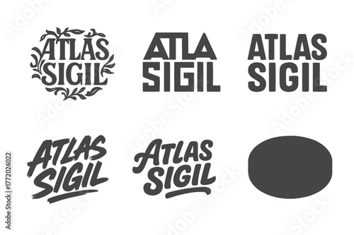 Atlas Sigil Variations. Atlas Sigil. Set lettering. harmonious lettering variations of the same emblematic concept, each with different artistic interpretation