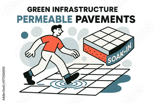 Permeable Pavement Ripples. Green infrastructure ? Permeable pavements. Footsteps create ripple lines as water vanishes between tiles; a cross-section floats