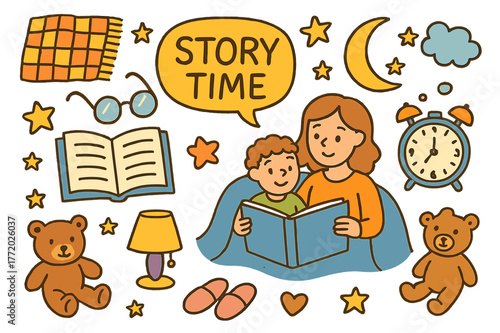 Storytime Doodle Elements. Storytime moments. Colorful Hand-drawn doodle Children illustration Storytime moments open book, glasses, moon, stars, blanket,
