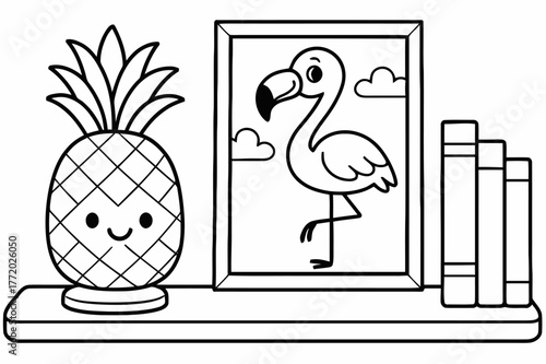 Pineapple Flamingo Coloring. Pineapple and flamingo accents children?s coloring book illustration, outlined drawing, shelf with a pineapple lamp and a framed