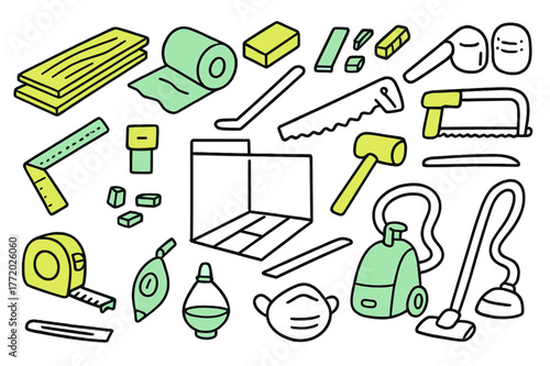 Laminate Flooring Tools. // Laminate flooring. Hand-drawn doodle illustration laminate flooring [plank stack (accented), underlayment roll (accented), tapping