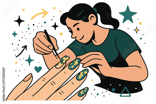 Foil Nail Art. Foil nails. Nail artist applying metallic foil to nails with abstract floating sparkles, arrows, and geometric icons; conveys creativity,