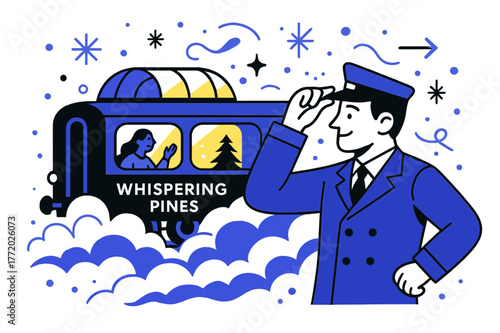 Snowy Winter Express. Snowy winter express. Powder billows as the observation dome glows; ?Whispering pines? curls along frosted glass. A conductor tips a cap