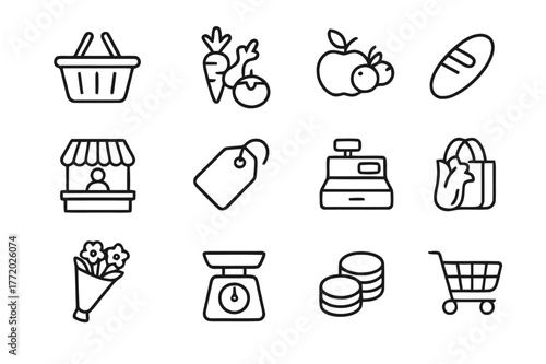 Daily Market Icons. Daily market. Line icon set of daily market: shopping basket, fresh vegetables, fruits, bread loaf, vendor stall, price tag, cash register,