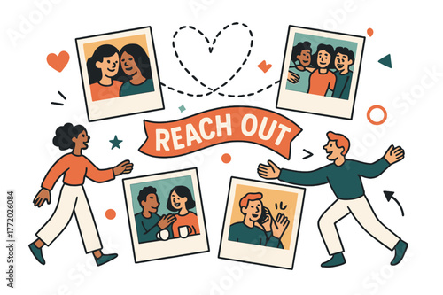 Community Connections Vision. Vision Board ? Relationships & Community. Polaroids show shared moments; dotted heart lines connect photos in a loop. Caption