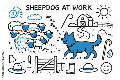 Sheepdog at Work. Sheepdog at work. Hand-drawn doodle illustration sheepdog at work [sheepdog (accented), flock of sheep (accented), whistle (accented),