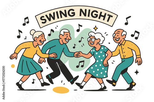 Swing Night Dance. Old age ? Community dance night. Quick footwork and big smiles; music notes scatter like confetti around swinging arms. A banner shouts