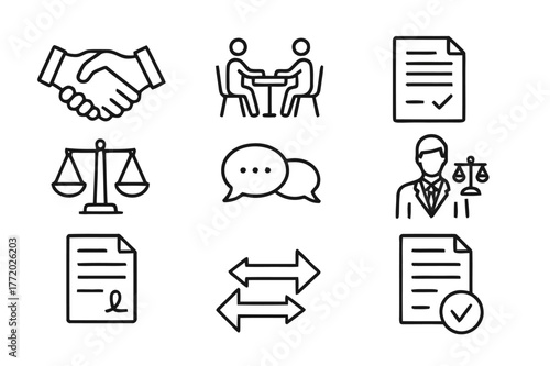 Dispute Resolution Icons. Dispute Resolution. Line icon set of Dispute Resolution: handshake, mediation table, agreement file, arbitration gavel, scale,