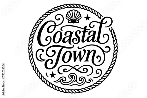 Coastal Ornamental Design. Coastal Town ? flourished classic ornamental lettering; medium-weight strokes with elegant swashes and balanced curls; circular
