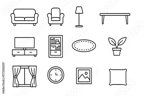 Living Room Icons. Living Room. Line icon set of Living Room: sofa, armchair, floor lamp, coffee table, TV, bookshelf, rug, plant pot, window curtains, clock,