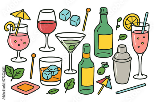 Elegant Beverage Icons. elegant beverages. Colorful Hand-drawn doodle Children illustration elegant beverages cocktail glass, wine glass, martini, whiskey