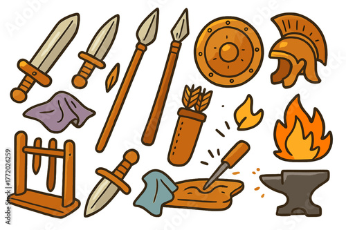 Ancient Weapons Doodles. Bronze weapons. Colorful Hand-drawn doodle Children illustration Bronze weapons sword, dagger, spear, arrowhead, shield, helmet,