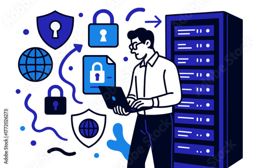 Global Privacy Security. Online privacy laws and their global implications. IT specialist monitoring server room with abstract floating locks, shields, and