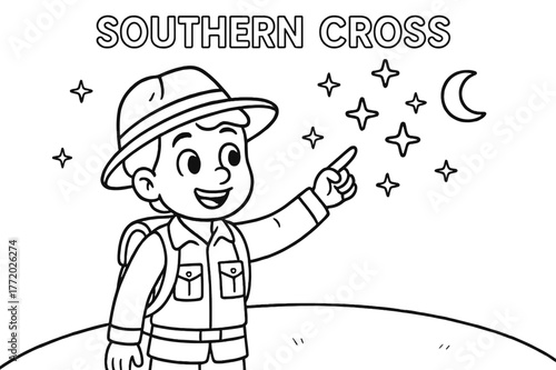 Explorer Points to Stars. Using the Southern Cross children?s coloring book illustration, outlined drawing, a friendly explorer pointing to the Southern Cross