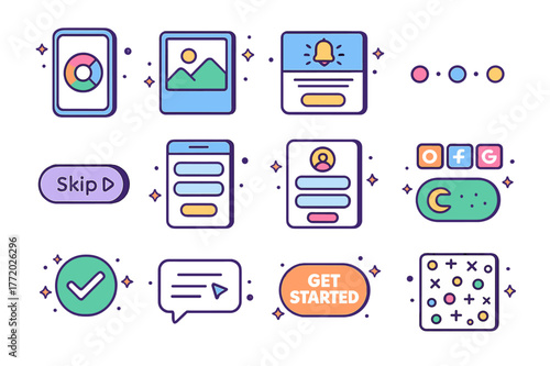 Colorful Onboarding Icons. Onboarding screens. Colorful isometric vector icons set of onboarding screens: welcome screen, illustration slide, permission
