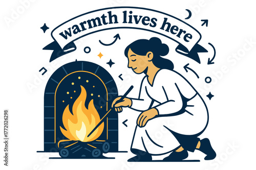 Hearth's Warm Embrace. Keeper of the Hearth. A calm figure tends a glowing fire; sparks rise like tiny stars of care. Ribbon text ?warmth lives here? arcs
