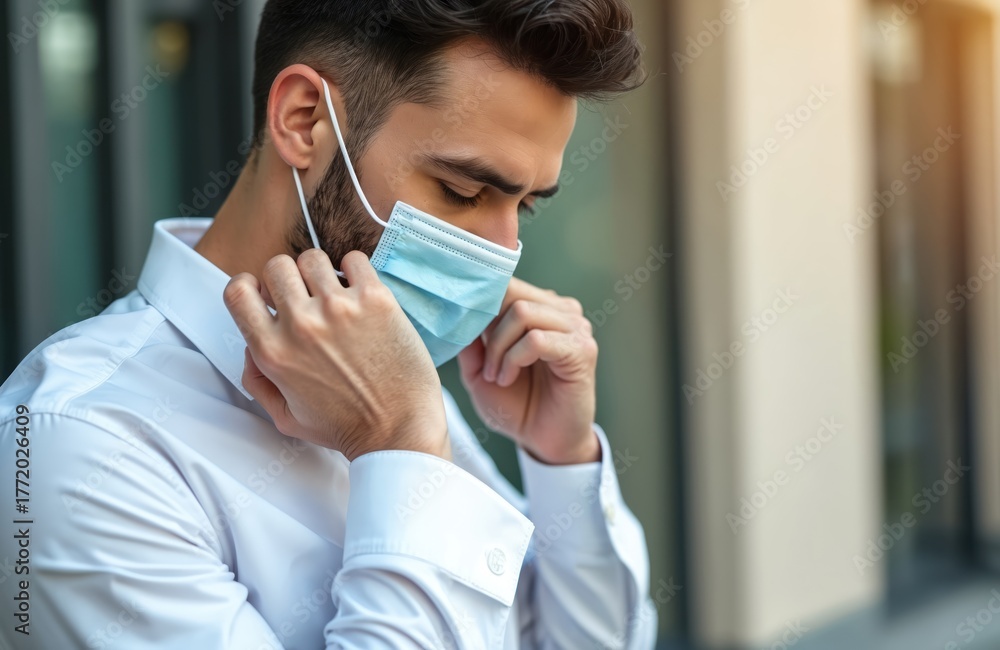 Fototapeta premium Handsome businessman wears face mask outdoor. Man puts on protective mask in front of building. Male model in white shirt protects against virus at work.