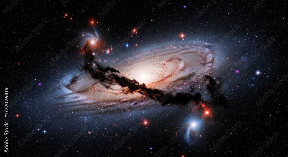 Obraz premium A stunning cosmic view; a spiral galaxy with dust and bright stars