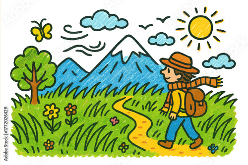 Colorful Mountain Landscape. mountain field. Colorful Hand-drawn doodle Children illustration mountain field person, tall grass, wind, distant mountain,