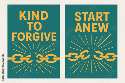 Kind to Forgive. Forgiveness. Two vertical A6 banners with safe margins, centered composition, no elements touching edges, modern, teal and marigold, broken