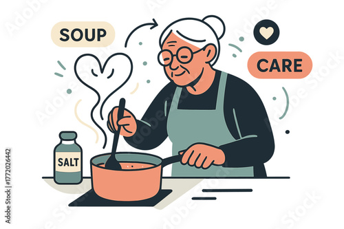 Elderly Cooking Love. Elderly ? Cooking for One. A senior stirs a pot on an orderly counter; labels ?salt?, ?soup?, ?care? hover neatly. Steam curls into