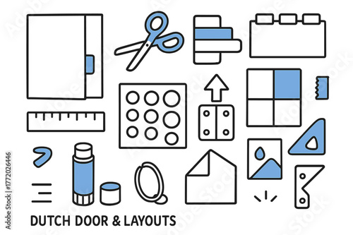Dutch Door Doodle Elements. // Dutch door & layouts. Hand-drawn doodle illustration Dutch door & layouts [cut-out flap (accented), scissors (accented), tab