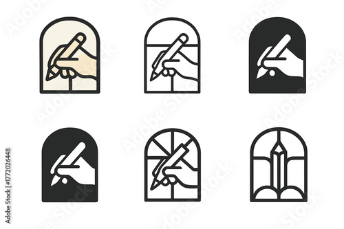 Creative Logo Variations. Working on a digital illustration. Set Logo of Working on a digital illustration: Reference images board window. Icon set. harmonious