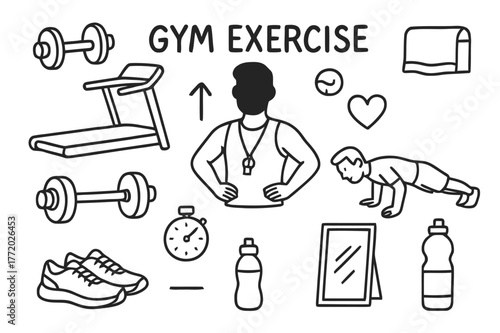 Gym Workout Doodles. Gym exercise. Hand-drawn doodle illustration gym exercise dumbbells, treadmill, mat, towel, barbell, push-up icon, weights, shoes,