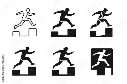 Urban Parkour Logos. Urban parkour. Set Logo of Urban parkour: rooftop leap silhouette. harmonious logo variations of the same emblematic concept, each with