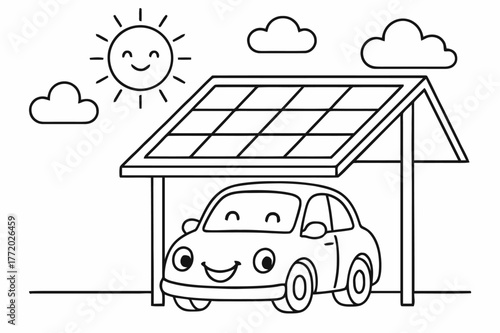 Solar Carport Coloring Illustration. Solar carport children?s coloring book illustration, outlined drawing, a cheerful car parked under a solar roof while the